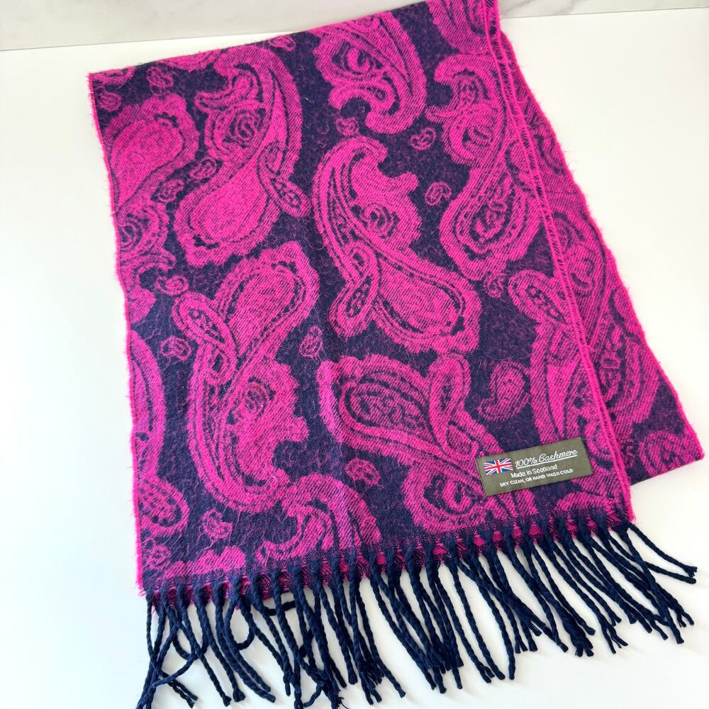 Made In Scotland 100% Cashmere Scarf Paisley Fringe Winter Pink Purple
